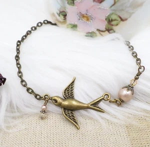 Brass Bird Necklace, Champagne Pearl Bohemian Jewelry, Cottagecore Wedding Bride - Picture 1 of 10