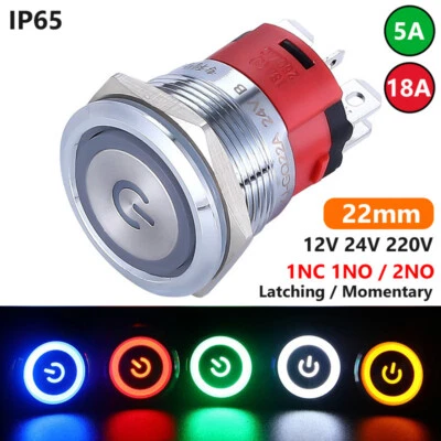 22mm Metal Push Button Switch ON OFF LED Lamp Latching Momentary Waterproof IP65 - Image 1 of 4
