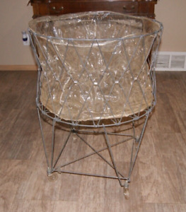 Vintage Laundry Cart Basket Metal w/Wheels Folding Collapsible With Insert RARE!