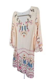 Beautiful Boho Chic Bell Sleeve Dress XL Soft Pink Floral & Birds Print A-Line - Picture 1 of 6