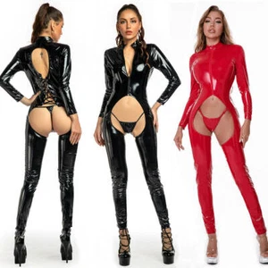 Women PVC Wet Look Leather Bodysuit Catsuit Zipper Clubwear Open Crotch Jumpsuit - Picture 1 of 12