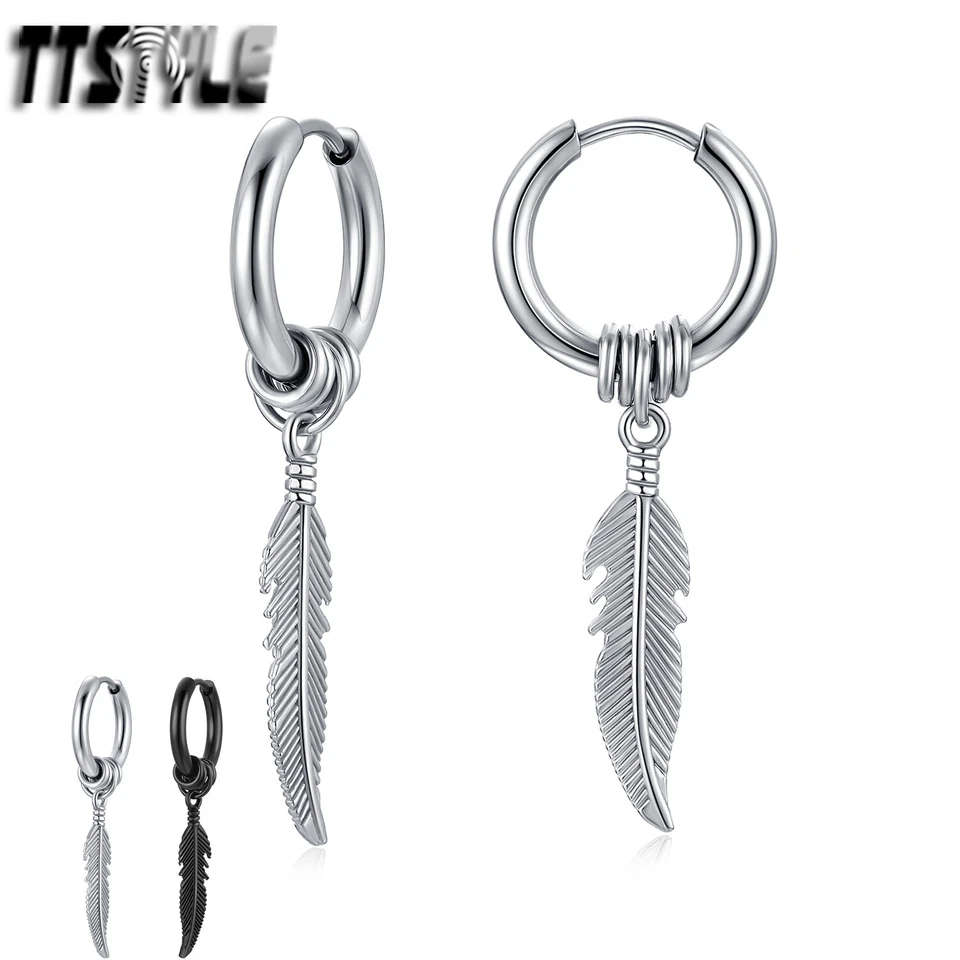 Pendientes colgantes de plumas de aro de acero inoxidable estilo TTS 2 colores NUEVO Foto 1 de 1