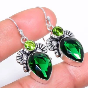 Chrome Diopside, Peridot Gemstone 925 Sterling Silver Earring 1.6" o262 - Picture 1 of 7
