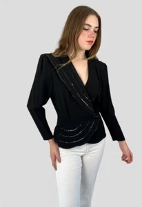 80's Vintage Black Long Sleeve Sequin Wrap Ladies Jacket Small Party Evening - Picture 1 of 5