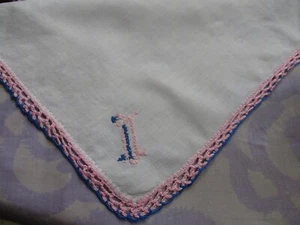 Vintage White Hand Monogrammed "I" Handkerchief in Blue & Pink. Crocheted Border - Picture 1 of 4