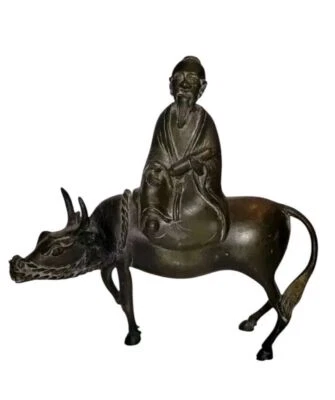 Antiguo quemador de incienso de dos piezas de bronce Lao Tzu sobre buey - arte taoísta" Foto 1 de 4