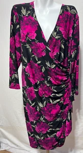 New Anne Klein Women Black Magenta Dress 16 Floral Side Rushed Faux Wrap New NWT - Picture 1 of 8