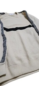 Damon Lambswool 1970s/80s Cream Cable Knit Large Tall Wool Color Block Sweater - Picture 1 of 5
