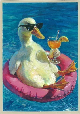 dibujo original A4 161GZ obra de arte acrílico pastel ganso moderno en la piscina Foto 1 de 4