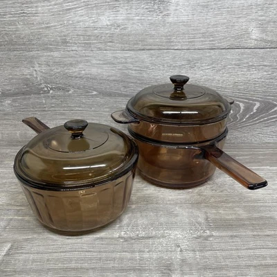 Juego de cacerolas de vidrio ámbar Visions Corning 1,5 L 1 L V-20-B tapas de caldera dobles 5 piezas Foto 1 de 4