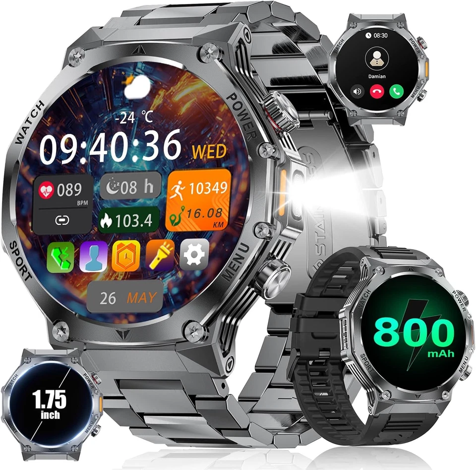 LIGE Smartwatch Uomo 1.75'' HD Orologio Smartwatch Con Torcia Led/800Mah/Chiamat