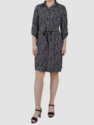 NY Collection Women's Black Roll-Tab Sleeve Self-Tie Dress Petite Size PM - Image 1 of 2