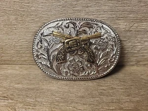 Crossed Guns Western Scrolled Silver Gold Tone Cowboy Cowgirl Belt Buckle 23g - Picture 1 of 10