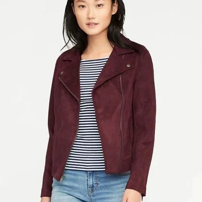NWT Old Navy Women's Burgundy Faux Suede Moto Motorcycle Jacket Size 3X Pockets - Image 1 of 4