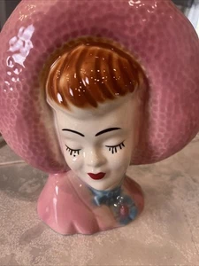VINTAGE 7" PINK GLAMOUR GIRL WALL POCKET HEAD VASE Redhead - Picture 1 of 6