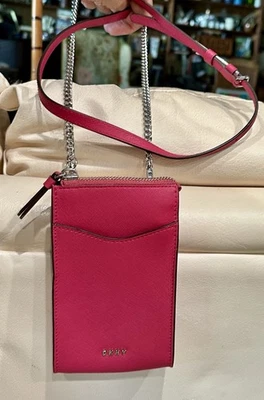 DKNY Fuschia Pink Leather Crossbody Fits iPhone14 Pro Card Bag Chain Strap  $128 - Image 1 of 4