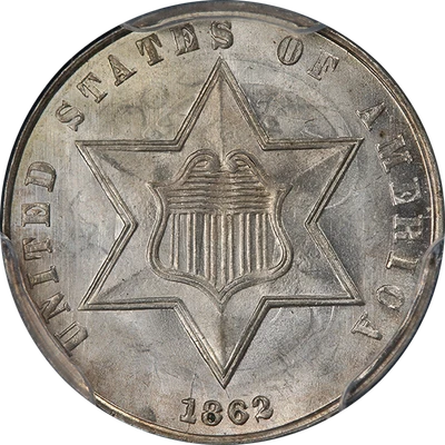 Adesivo CAC prata de três (3) centavos 1862/1 PCGS MS66+ gema branca ardente - Imagem 1 de 4