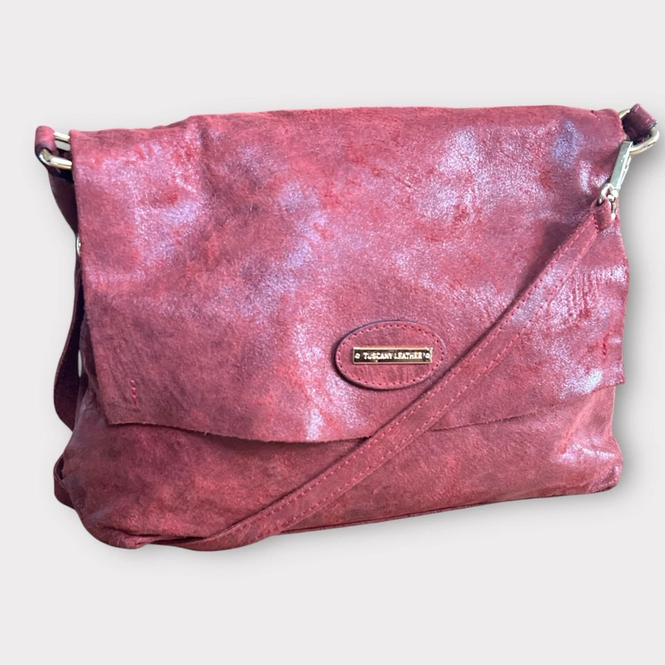 Tuscany Leather Antiqued Brushed Calfskin Suede Shoulder Bag Purse Red Italy GUC - Image 1 of 4