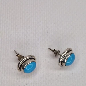 Turquoise Earrings Sterling Silver Stud Oval 1.2cm Small Vintage Cabochon 925 - Picture 1 of 10