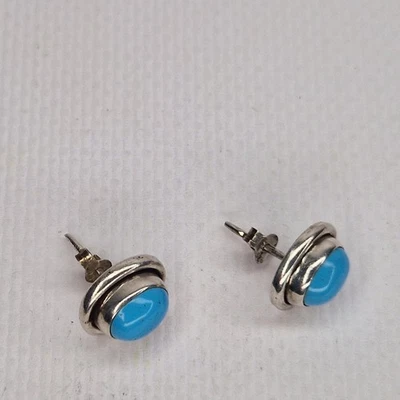 Turquoise Earrings Sterling Silver Stud Oval 1.2cm Small Vintage Cabochon 925 - Image 1 of 4