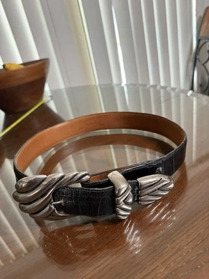 Vintage 80/90s Steve Blinn Western Belt Black Alligator Grain Silver Buckle - Image 1 of 4