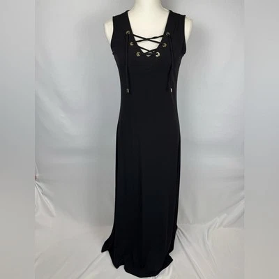Catherine Malandrino Maxi Dress Sleeveless Black & Gold Stretchy Slim Fit Small - Image 1 of 4