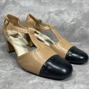 Trotters Pumps Women's Size 9.5 WW Heeled T-Strap Buckle Closure Tan Black - Picture 1 of 14