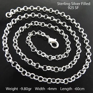 Necklace Real 925 Sterling Silver Filled Solid 4mm Rolo Belcher Chain 60cm - Picture 1 of 2
