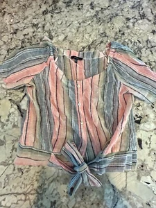 Anthropologie DREW Shirt Womens M Crop Top Rainbow Linen Blend Tie Front Blouse - Picture 1 of 11