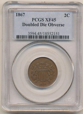 1867 2C Two Cent Piece XF 45 PCGS D.D.O. Doubled! - Image 1 of 4