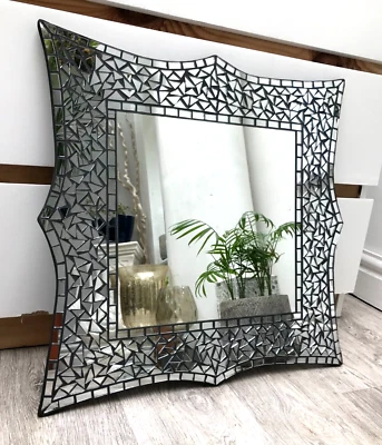 Miroir mural carré mosaïque fait main marocain noir argenté encadré style libre 50 cm - Photo 1/4