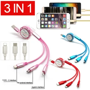 2Pcs Universal 3 In 1 Type-C/Micro USB/Fast Charger Charging Retractable Cable - Picture 1 of 18