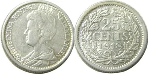 elf Netherlands 25 Cents 1918 Silver World War I - Picture 1 of 1