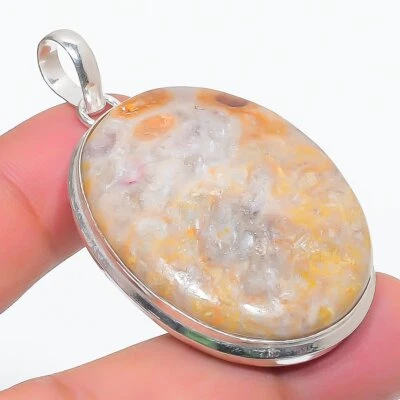 Ciondolo pietra preziosa forma ovale corallo fossile fatto a mano bellissimi ... - Immagine 1 di 4