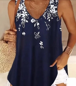 Womens Floral V Neck Tank Top Vest Ladies Sleeveless Navy Loose T Shirt Size M - Picture 1 of 5