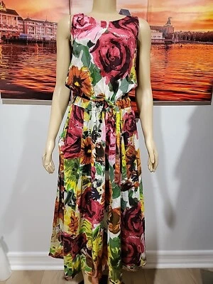 New Ports News Boho Bright Colors Flower Midi Size 6 Dress Drawstrings Waist #C - Image 1 of 4