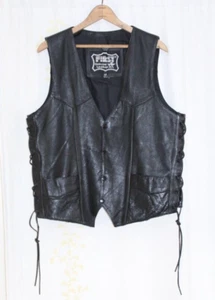 First Genuine Leather Black Snap Side Lace Motorcycle Vest Men's 42 - Picture 1 of 15
