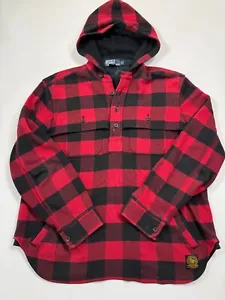 Polo Ralph Lauren Hoodie Mens Large Red Buffalo Plaid Tartan Wool Flannel Button - Picture 1 of 9