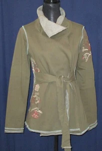 Caite Women's Small Olive Green Embroidered Belted Cardigan - Picture 1 of 10