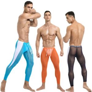 Mens See Through Mesh Tights Stretchy Compression Legging Trousers Drawstring 