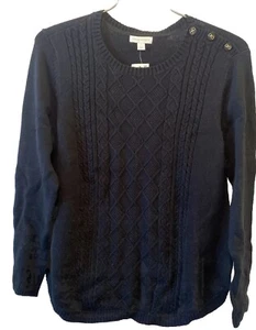 Charter Club L NWT Button-Shoulder Sweater Cable Knit Deep Black MSRP $60 🧡 - Picture 1 of 9