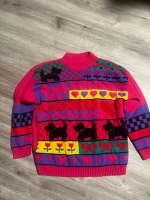 vintage acrylic lurex sweater scottie dog heart flower bows geometric 80s 1980s — 第 1/4 张图片