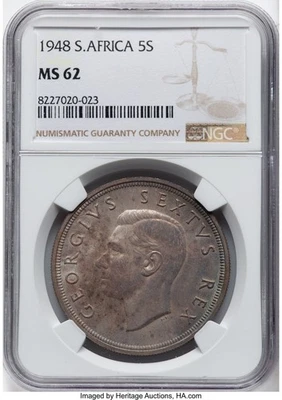 1948 South Africa 5 Shillings NGC MS62 Silver Springbok Crown KM40.1 George VI - Image 1 of 2