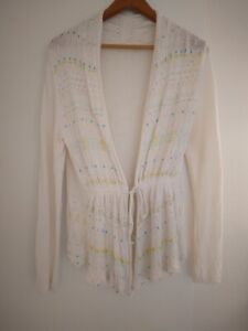Moth Anthropologie Ivory Beaded Crochet Embroidered Cardigan Linen Blend Med