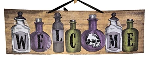 Letrero de Halloween pared puerta pared bienvenida decoración *BIENVENIDO* pociones/cráneos ~18 pulgadas de ancho - Imagen 1 de 3