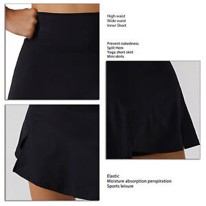 (Black M)Yoga Short Skirt Tennis Skirts Sports Running Skirts Split Hem SG5