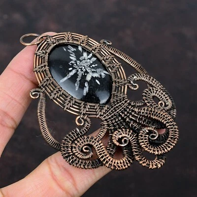 Copper Chrysanthemum Gemstone Daughter Wire Wrapped Octopus Boho Pendant Jewelry - Image 1 of 4