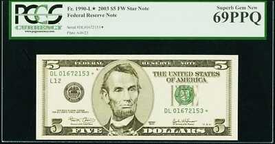 $5 2003 Federal Reserve* Star Note PCGS Superb Gem New 69 PPQ - Image 1 of 3