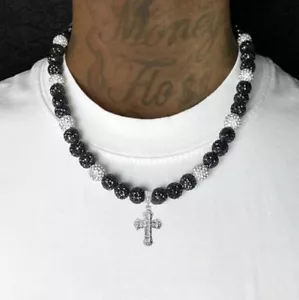 Iced Disco Ball Beaded Baseball Necklace Black White + Silver Cross Pendant - Picture 1 of 2