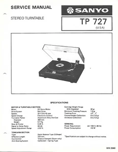 SANYO TP727 STEREO TURNTABLE REPAIR SERVICE MANUAL - Picture 1 of 1